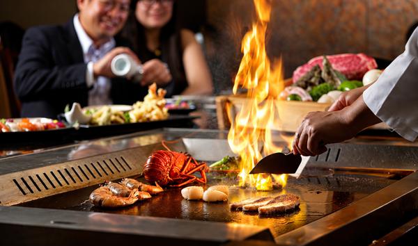Flames at the teppanyaki grill
