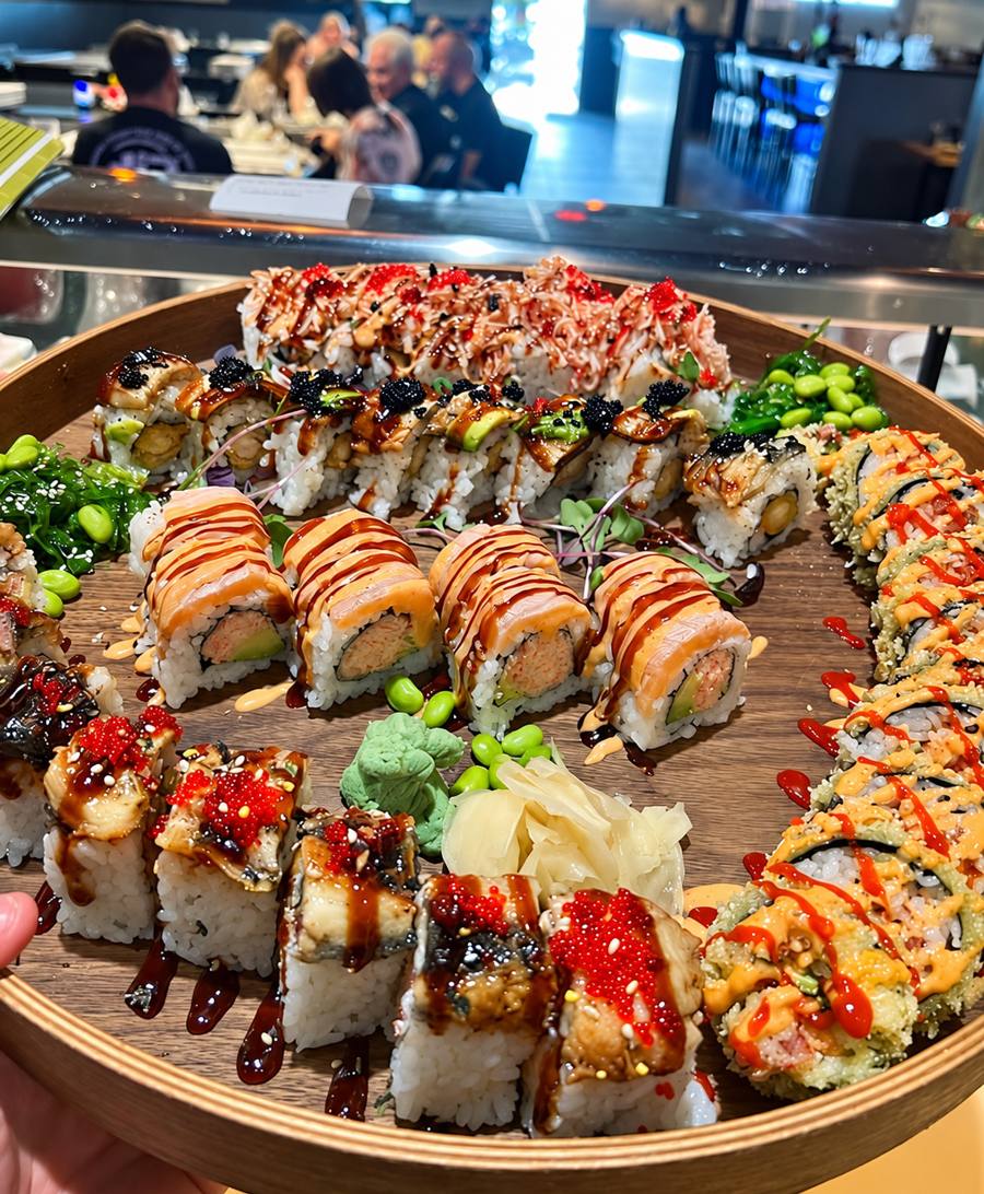 A round wooden platter loaded with Nori's signature rolls and nigiri