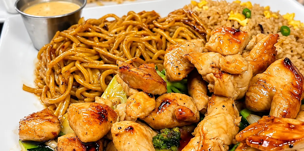Glazed hibachi chicken with fried rice and noodles